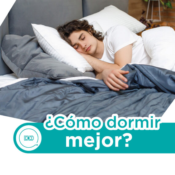 Persona durmiendo en cama, con un texto en la parte inferir que dice: "¿cómo dormir mejor? junto con icono de cargando bateria